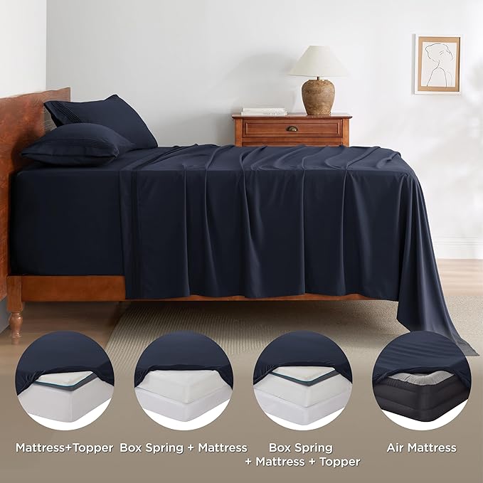 Bedsure Twin XL Sheets Dorm Bedding, GentleSoft Breathable Extra Long Twin Sheets & Pillowcases, Moisture Wicking Cooling, Deep Pocket Fits Mattress Up to 21 Inches Thick, Navy