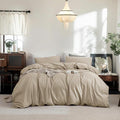 FOSSA Duvet Cover Set 100% Washed Cotton Linen Feel Super Soft Breathable Cozy 3 Pieces Bedding Sets Solid Light Khaki Queen