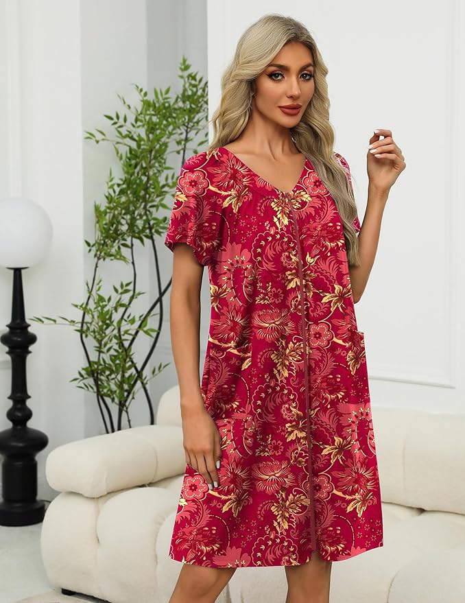 Ekouaer Women Robe Zipper Front Mumu Duster Robes Zip Up Housecoat Soft Sleepwear with Pockets S-3XL