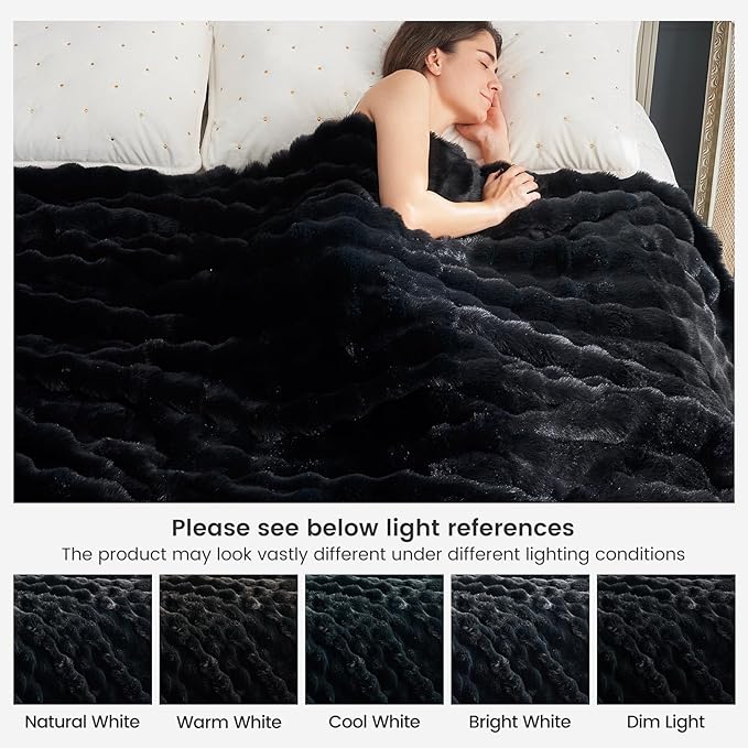 Cozy Bliss Faux Fur Throw Blanket for Couch, Fuzzy Soft Plush Thick Bubble Blanket for Sofa Bedroom Living Room, 90 * 90 Inches Black
