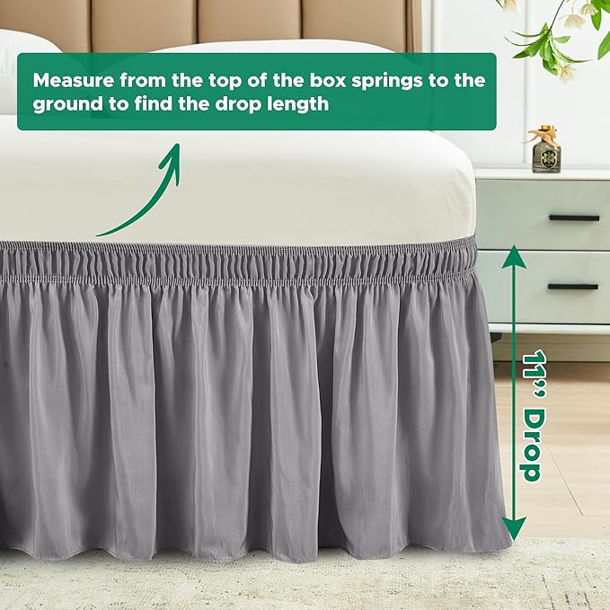 Biscaynebay Wrap Around Bed Skirts for King & Cal King Beds 11" Short Drop, Silver Grey Adjustable Elastic Dust Ruffles Easy Fit Wrinkle Resistant Silky Luxurious Fabric Machine Washable