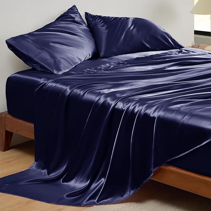 Bedsure Satin Sheets Full Size - 4 Piece Silky Bedsheets with 15 Inches Deep Pocket Fitted Bedsheet,1 Flat Sheet, 2 Satin Pillowcases, Good for Hair & Skin (Full, Navy)