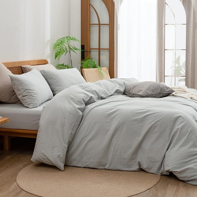 BESTOUCH Duvet Cover Set 100% Washed Cotton Linen Feel Super Soft Comfortable Chic Lightweight 3 PCs Home Bedding Set Solid Northern Droplet Grey Queen