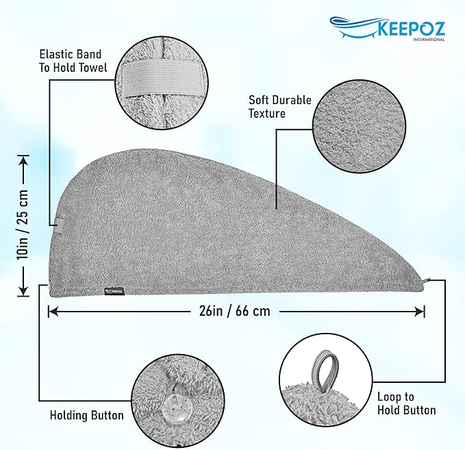 KEEPOZ Hair Towel Wrap Quick Dry 100% Cotton Super Absorbent Turban Head Wrap for Women with Button, Non Microfiber Anti Frizz Hair Products, Hair Cap for Curly, Long Hair (Grey, 1 Pc)