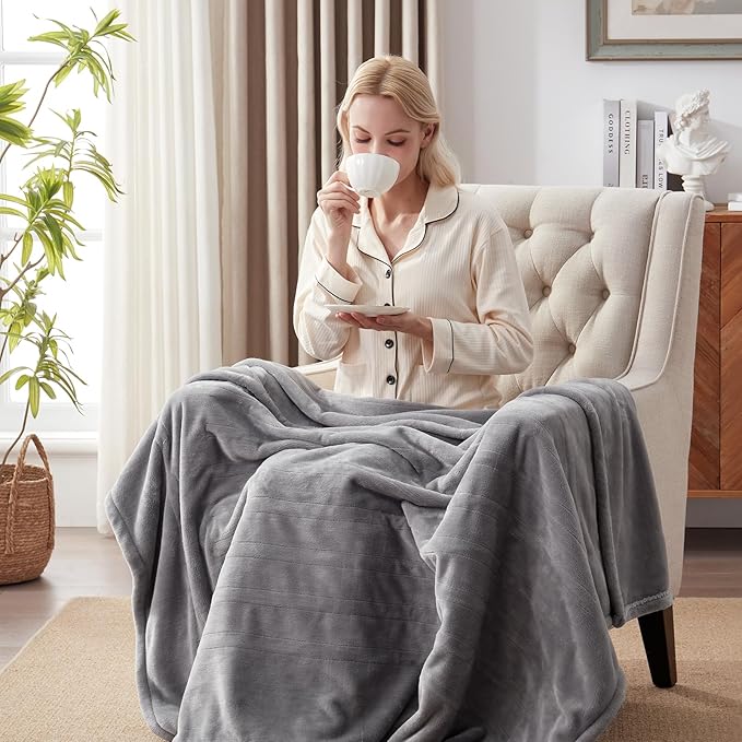 Westinghouse Heated Blanket Throw, Electric Throw with 6 Heating Levels, 2-10 Hours Time Settings, Overheat Protection, Machine Washable, Flannel (Throw, 50x60 Inches, Light Grey)