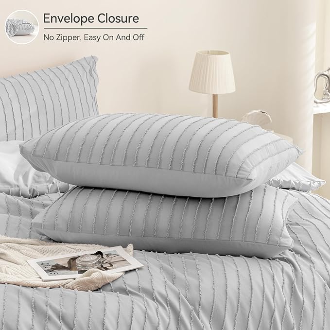 JELLYMONI Duvet Cover Full Size Light Grey - 3PCS Boho Striped Duvet Cover Set Polyester Tufted Bohemian Textured Comforter Cover 80×90in with Corner Ties & Zipper and 2 Pillowcases