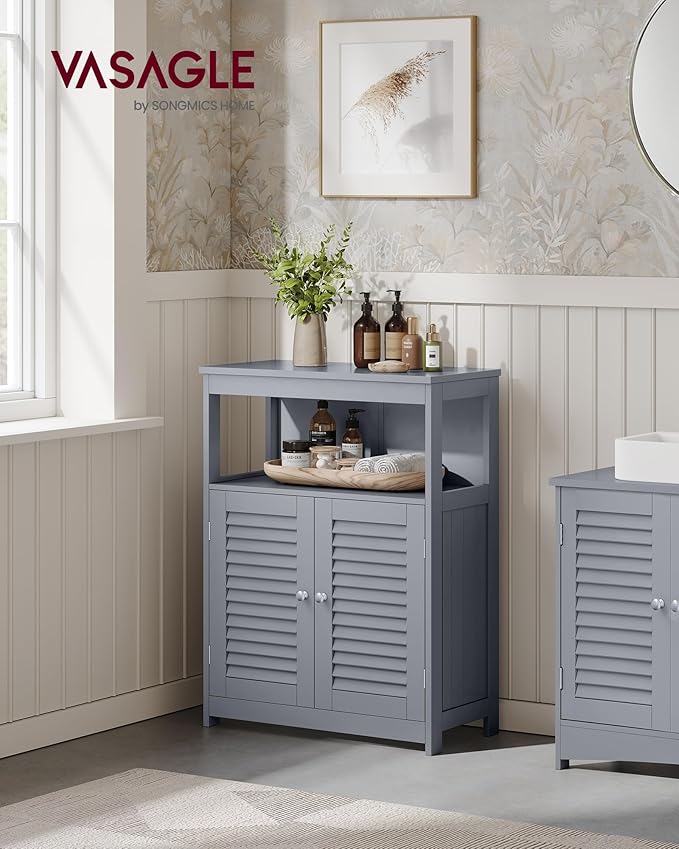 VASAGLE Floor Storage Cabinet, Freestanding Storage Unit with Double Shutter Doors and Adjustable Shelf, for Living Room, Bathroom, Entryway, Kitchen, Dove Gray UBBC040G02
