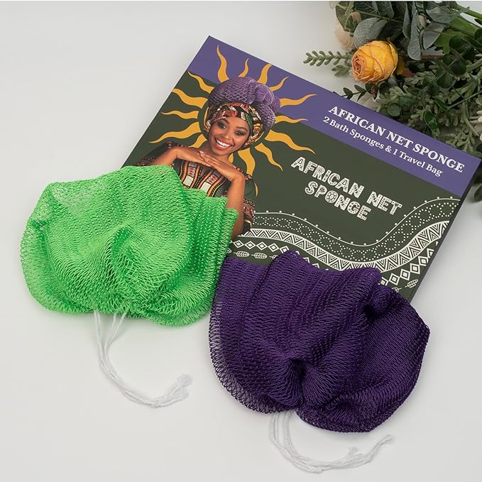 African Net Sponge Authentic with Handles (Set of 2), African Exfoliating Net Sponge, Exfoliating Body Scrubber Bath Sponge - Bathing Accessories with Storage Bag (Purple & Green)