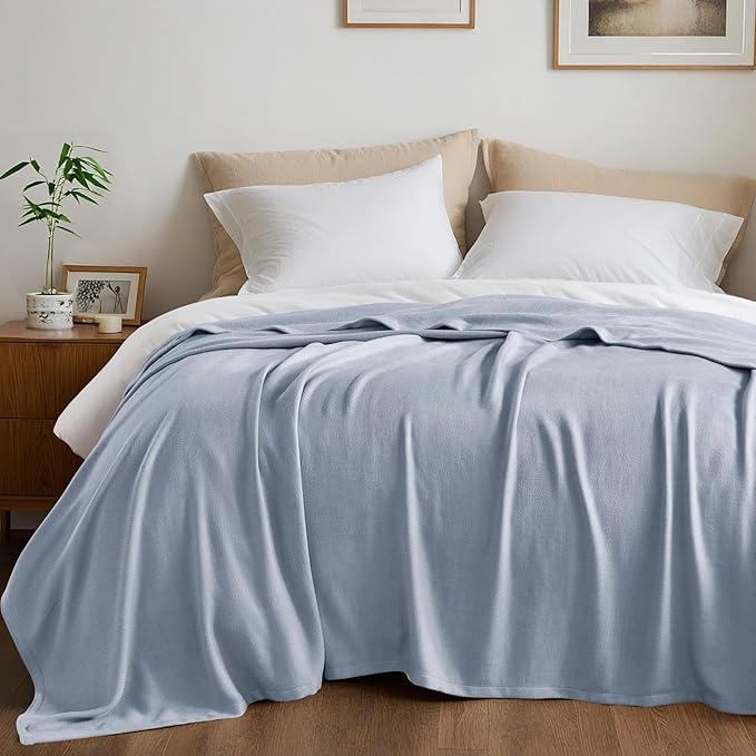 King Size Blanket, 70% Rayon (Derived from Bamboo) and 30% Cotton, Lightweight Jacquard Weave, Breathable and Soft Summer Blanket for Bed or Couch, 108” x 90”, Light Blue