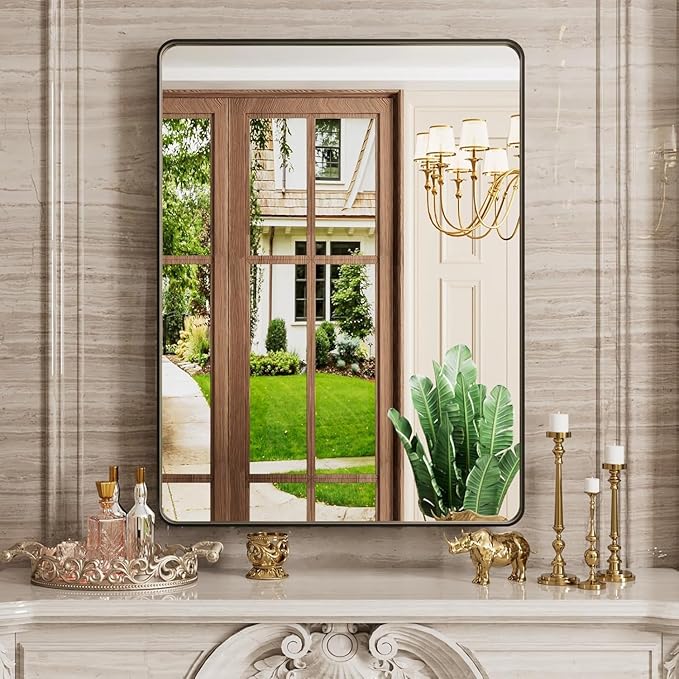 Black Bathroom Mirror 24X36 Inch, Black Metal Framed Mirror for Wall, Rounded Rectangle Matte Bathroom Vanity Mirror with Tempered Glass, Anti-Rust, Horizontal/Vertical