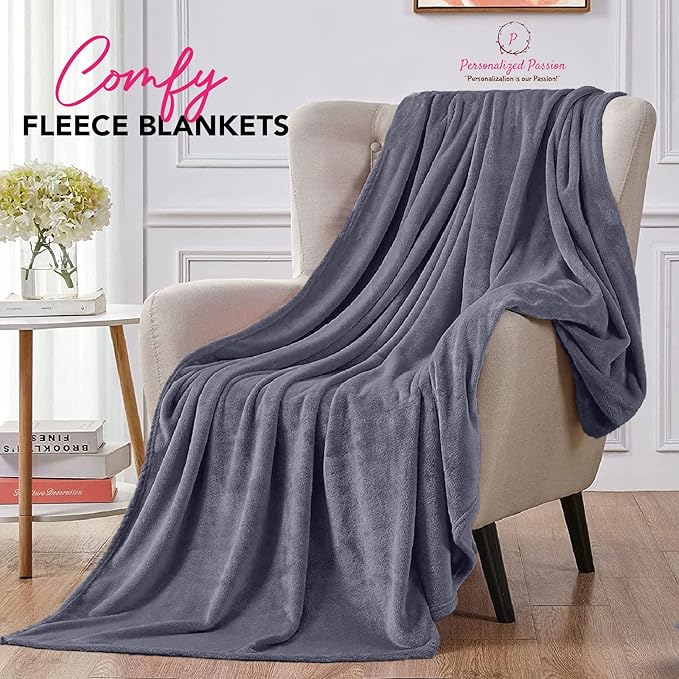 Personalized Passion Blankets with Custom Name & Initial Monogram - Super Soft and Cozy Fleece - Unisex Custom Blanket for Him and Her - 60x40 Inches - Grey