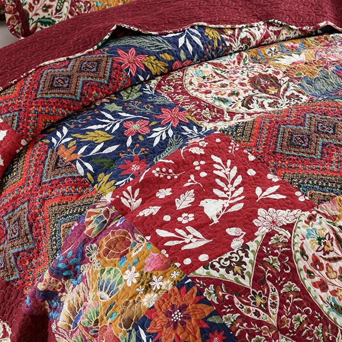 Cotton Bedspread Quilt Bedding Sets 3 Pieces Reversible Coverlet Sets Comforters Gorgeous Paisley Floral Patchwork Red Bedspread, Queen Size