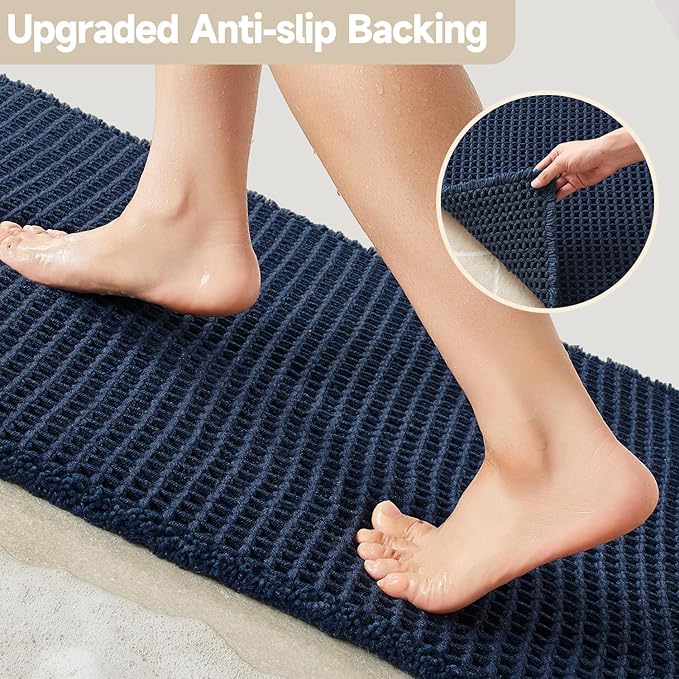 Waffle Runner Rug Bathroom, Long Boho Bathroom Rugs Non Slip Washable Super Absorbent Quick Dry Farmhouse Bath Decor, 72"x24" Navy Blue