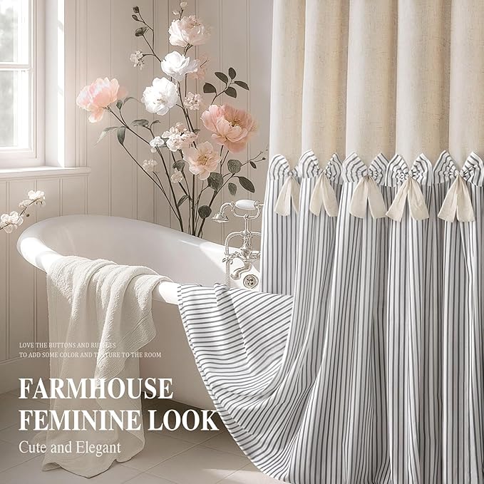 Farmhouse Shower Curtain Linen Bow Woven Fabric Country Rustic Western, Pleated Green Stripe 72" W x 72" L