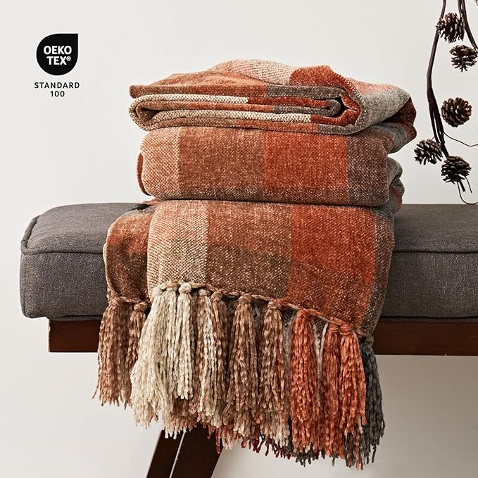 EVERGRACE Plaid Chenille Throw Blanket for Couch, Super Soft Cozy Decorative Fall Throw Blanket with Tassels for Bed Sofa Gift, Lightweight Harvest Plaid Throw Blanket for Autumn 50”x60”