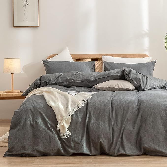 BESTOUCH Duvet Cover Set 100% Washed Cotton Linen Feel Super Soft Comfortable Chic Lightweight 3 PCs Home Bedding Set Solid Dark Grey Super King Plus