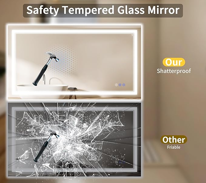 30"x50" LED Bathroom Mirror with Lights, Anti-Fog, Backlit + Front Lit, Dimmable, Led Vanity Mirror for Wall, Lighted Bathroom Mirror, 3 Colors, Shatter-Proof Tempered Glass