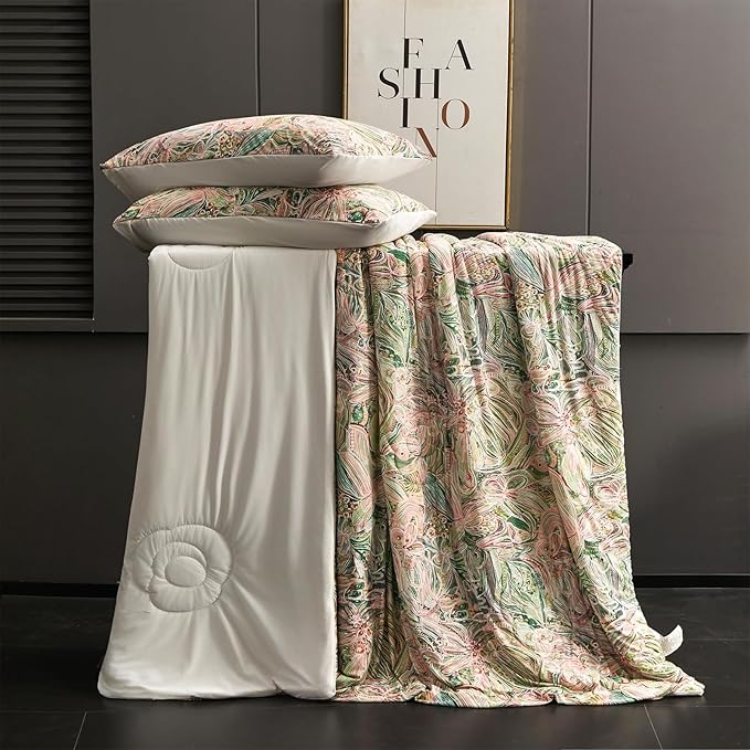Cyusri Floral Print Cooling Comforter Set 3Pcs Breathable Cool Queen Size Bedding Set with 2 Pillowcases Green Pink Flowers Pattern Silky Cold Quilt, 90"x90"