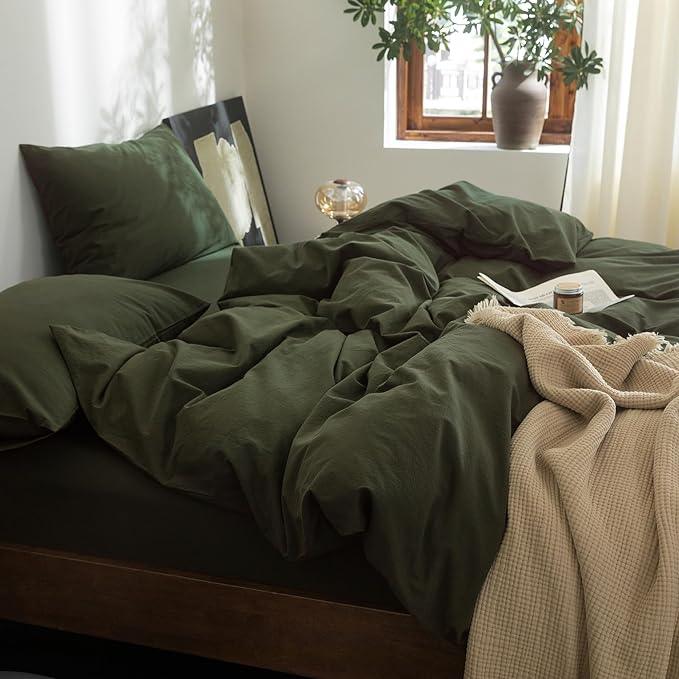 FOSSA Duvet Cover Set 100% Washed Cotton Linen Feel Super Soft Breathable Cozy 3 Pieces Bedding Sets Solid Olive Green California King