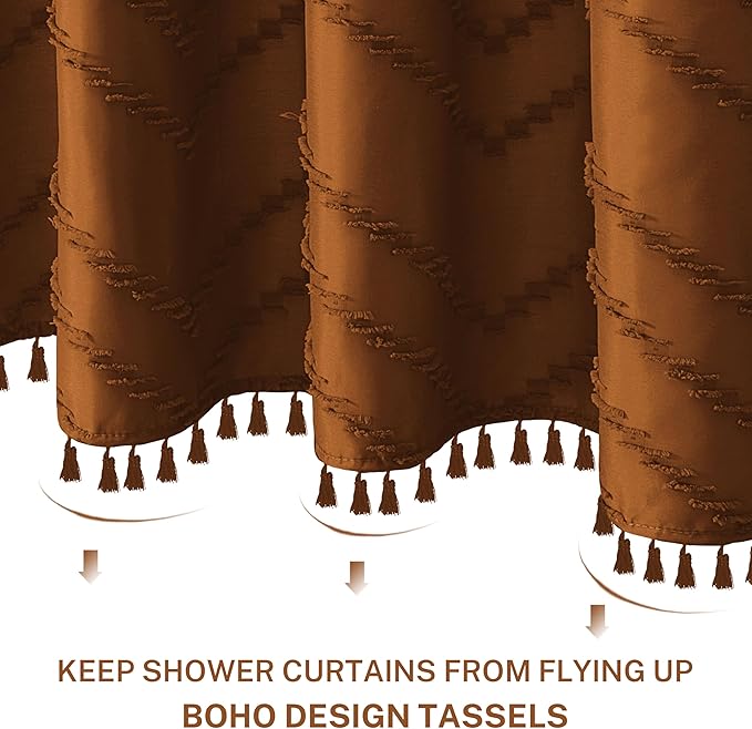 Extra Long Pumpkin Orange Boho Shower Curtain with Tassel, Woven Fabric 96 in, Tufted Chevron Striped, 72 x 96, Modern Chic Textured Minimalist Bathroom Shower Curtain