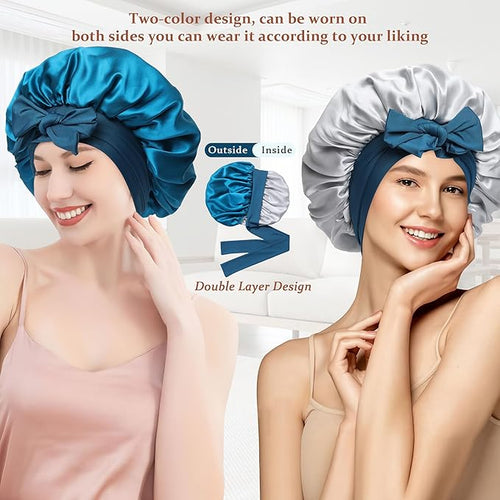 100% Mulberry Silk Bonnet for Sleeping Women Double Layer Silk Hair Bonnet Natural Silk Sleep Cap with Elastic Reversible Hair Wrap (Blue+Gray)