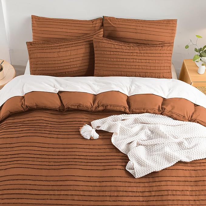 NEXHOME PRO Twin Duvet Cover, Brunt Orange 2 Pieces Boho Tufted Twin Size Duvet Cover Set, Soft and Lightweight Microfiber Comforter Cover Set for All Season (Brunt Orange, 66 x 90)-No Comforter
