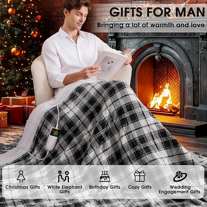 Black Heated Blanket Electric Throw, 50X60 Heating Throw with 10 Heats Levels & 8 Hours Auto Off, Plaid Soft Sherpa Blankets Warmer Gifts for Men Dad Boys Home Decor for Living Room Bedroom Office