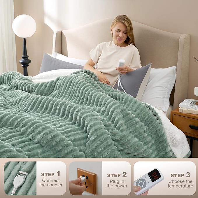 Hansleep Heated Blanket King Size Electric Throw Dual Control, Heating Blanket with 9 Heating Levels and 10-Hour Timer Auto Shut Off, Washable Soft Warm Winter Blanket, 90 x 100 Inches, Green