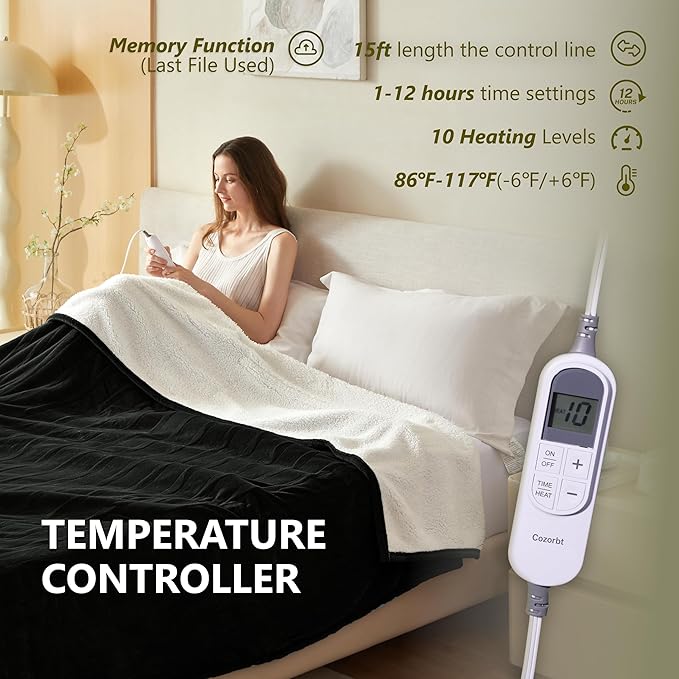 Heat Blanket 62”x84” Twin Size,Soft Flannel & Sherpa Reversible Electric Blanket with 10 Heat Settings,12 Timer Setting and 8 Hours Auto-Shut Off,ETL Certified Machine Washable,Black