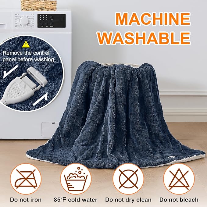 Electric Heated Blanket Full Size - Jacquard Checkered Sherpa 72"x84" Fast Heating Bed Blankets with 6 Heating Levels & 10 Hours Auto Off, Over-Heat Protection ETL, Navy Blue