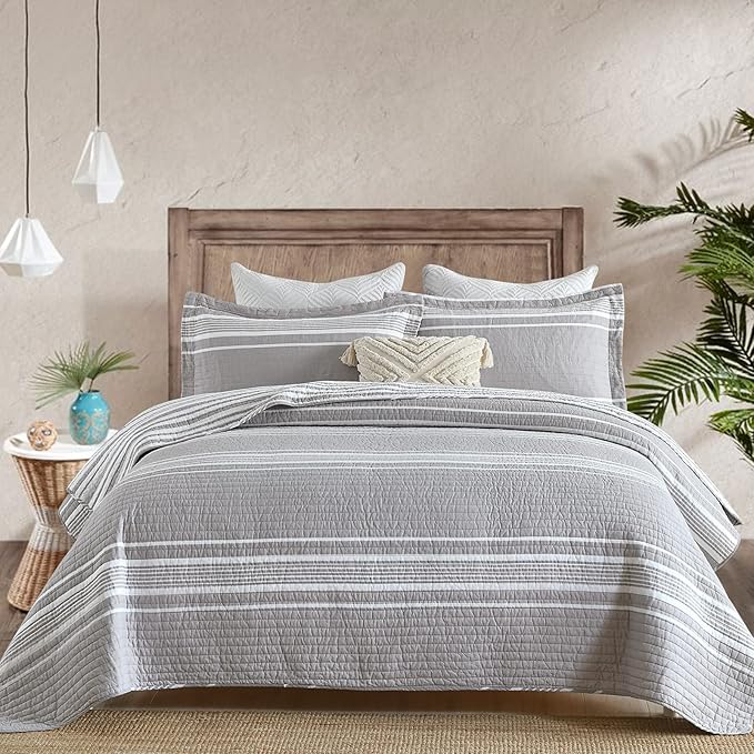 Y-PLWOMEN Quilt Queen Size - 100% Cotton Queen Bed Quilt, Grey Striped Reversible Bedspread for All Season, 3-Piece