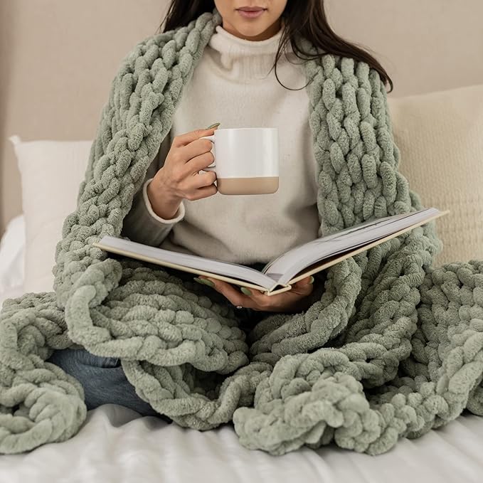 Samiah Luxe Sage Green Chunky Knit Blanket Throw 50x30", Chunky Knit Throw Blankets for Living Room Decor or Boho Decor, Personal Lap Blanket for Couch or Bed, Cable Knitted Crochet Lap Blankets