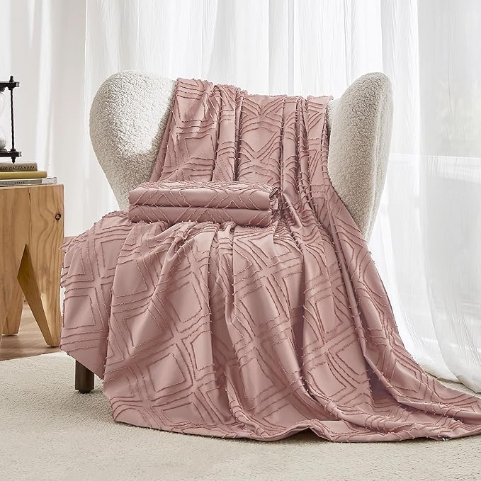 JELLYMONI Duvet Cover Queen Size Smokey Pink - 3PCS Boho Duvet Cover Set Plaid Polyester Tufted Bohemian Jacquard Knit Textured Comforter Cover 90×90in Rhombic Geometric Pattern Zipper Corner Tie