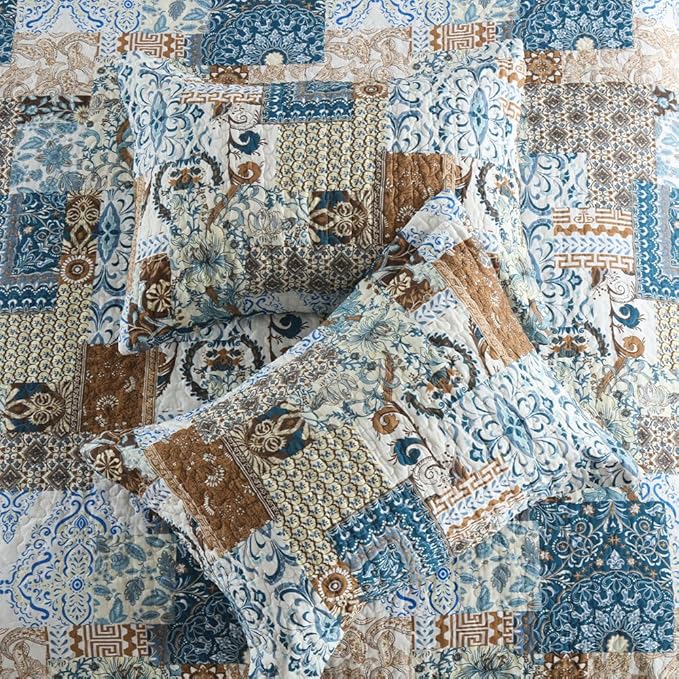 ENASAL Cotton Bedspread Quilt Bedding Sets Reversible Coverlet Comforters Blue Bohemian Rustic Floral Patchwork Pattern Bedspread for All Season,King Size