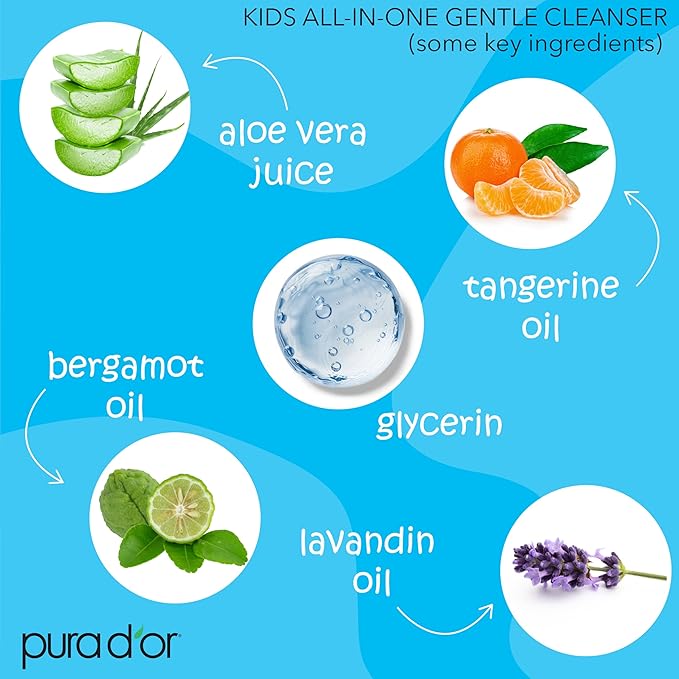 PURA D'OR Kids Wash (16oz x 3 = 48oz) All-in-One Gentle Cleanser - USDA Biobased, Sulfate-Free, Tear-Less, Hypoallergenic, Premium, Shampoo & Bubble Bath
