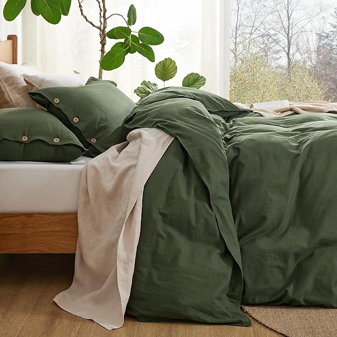 Bedsure Linen Duvet Cover King Size - Linen Cotton Blend Bedding Set, Soft & Cozy, 3 Pieces, 1 Duvet Cover 104x90 and 2 Pillowcases, Olive Green Color Cooling Bedding, Comforter Sold Separately