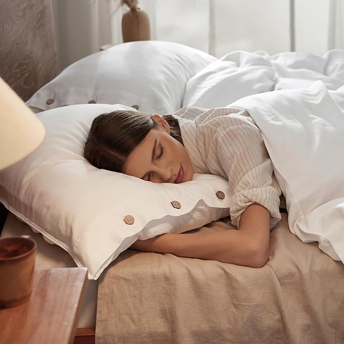 Bedsure Linen Duvet Cover Queen Size - Linen Cotton Blend Bedding Set, Soft & Cozy, 3 Pieces, 1 Duvet Cover 90x90 Inches and 2 Pillowcases, White Color Cooling Bedding, Comforter Sold Separately