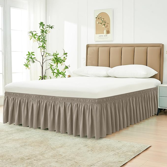 Biscaynebay Wrap Around Bed Skirts for Full & Full XL Beds Short Drop of 12", Taupe Adjustable Elastic Dust Ruffles Easy Fit Wrinkle Resistant Silky Luxurious Fabric Machine Washable