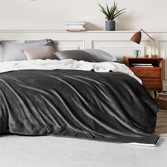 Bedsure GentleSoft Sherpa Fleece Blankets Queen Size for Bed - Thick and Warm Throw for Women and Men, Soft Fuzzy Plush Queen Blanket for Winter, Charcoal, 90x90 Inches