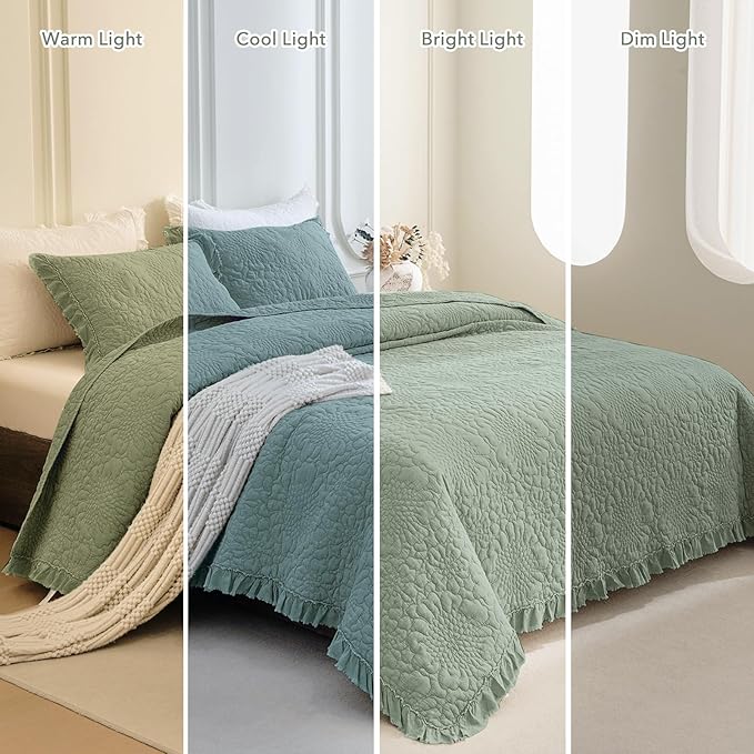 QSH 3PCs Olive Green Oversized King Quilt Bedspread Set(120"x120"),Stonewashed Cotton Ruffled Quilt California King,Ultra Soft Lightweight Crinkled Shabby Bedspread Coverlet Bed Set for All Seasons