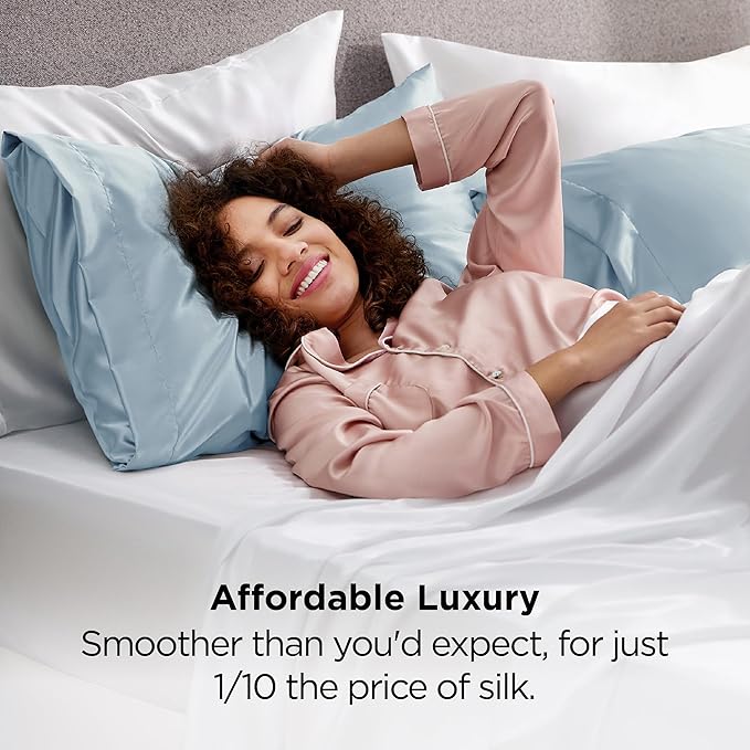 Bedsure Satin Pillowcase 2 Pack Similar to Silk Pillow Cases Standard Size, Pillow Case for Sleeping Women with Envelope Closure, Gifts for Women Men, Stone Blue, 20x26 Inches, 2pcs