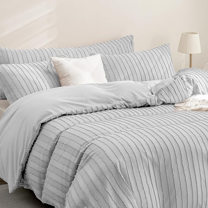 JELLYMONI Duvet Cover Queen Size Light Grey - 3PCS Boho Striped Duvet Cover Set Polyester Tufted Bohemian Textured Comforter Cover 90×90in with Corner Ties & Zipper and 2 Pillowcases