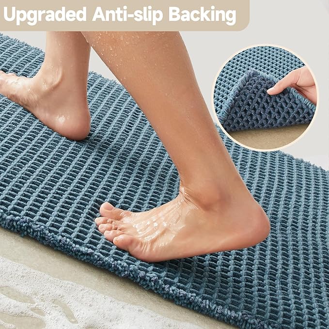 Waffle Bath Mat, Boho Bathroom Rugs Non Slip Washable Super Absorbent Quick Dry Bath Mat Farmhouse Bathroom Decor, 30"x20" Denim Blue