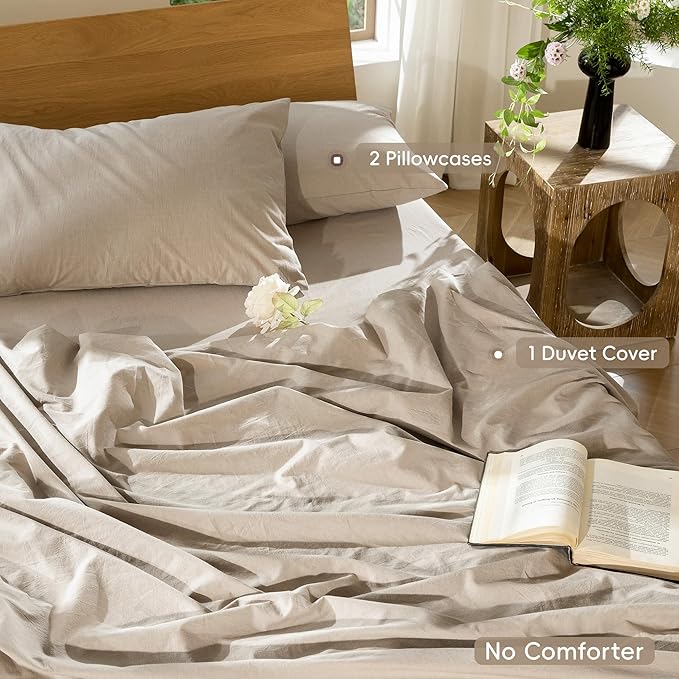 MooMee Bedding Duvet Cover Set 100% Washed Cotton Linen Like Textured Breathable Durable Soft Comfy (Heathered Taupe, King 104"x90")