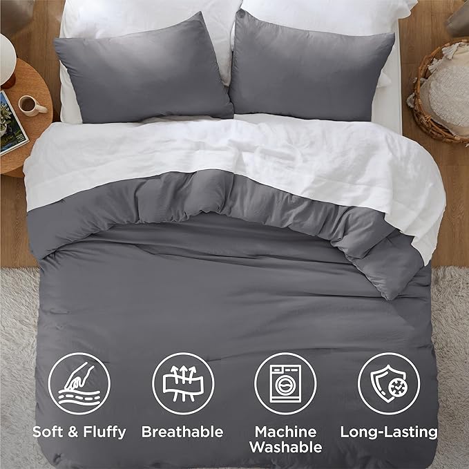 Bedsure King Size Comforter Set, Dark Grey Soft Prewashed Bedding for All Seasons, 3 Pieces GentleSoft™ Warm Down Alternative Bed Set, 1 Lightweight Comforter (104"x90") and 2 Pillowcases (20"x36")