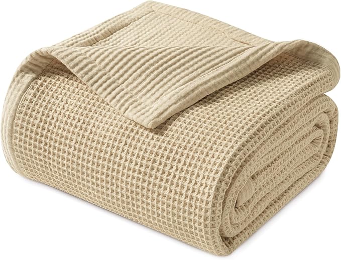 PHF 100% Cotton Waffle & Muslin Blanket Twin Size, Soft Breathable Luxury 400GSM Versatile Reversible Bedding for Bed, Great for Layering in Cold Weather, Home Decor Gift, 66" x 90", French Oak