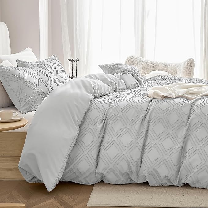 JELLYMONI Duvet Cover Full Size Light Grey - 3PCS Boho Duvet Cover Set Plaid Polyester Tufted Bohemian Jacquard Knit Textured Comforter Cover 80×90in Rhombic Geometric Pattern Corner Ties & Zipper