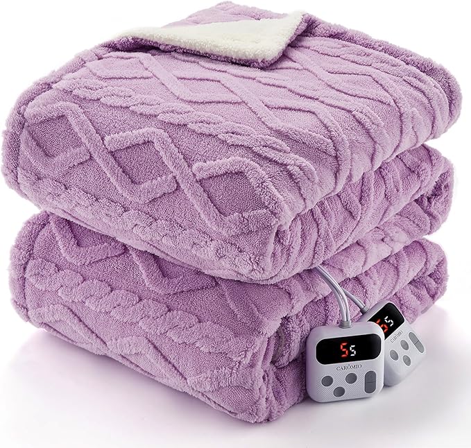 CAROMIO Electric Blanket King Size Dual Control - Thick Tufted Sherpa Heated Blanket King with 10 Heating Levels and 10 Time Settings, ETL Certified Fast Heating Blanket King Size 90"×100", Purple