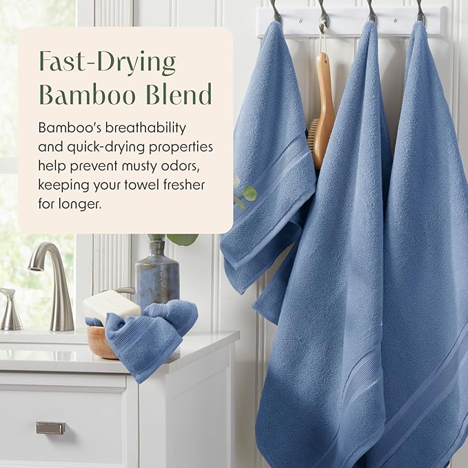 Springtree Home Luxury Bamboo Rayon Bath Towel Set of 4 | 35% Bamboo Rayon - 65% Cotton | Absorbent Quick-Dry Towels for Bathroom | Oeko-TEX Standard 100 Cotton | Mediterranean Blue