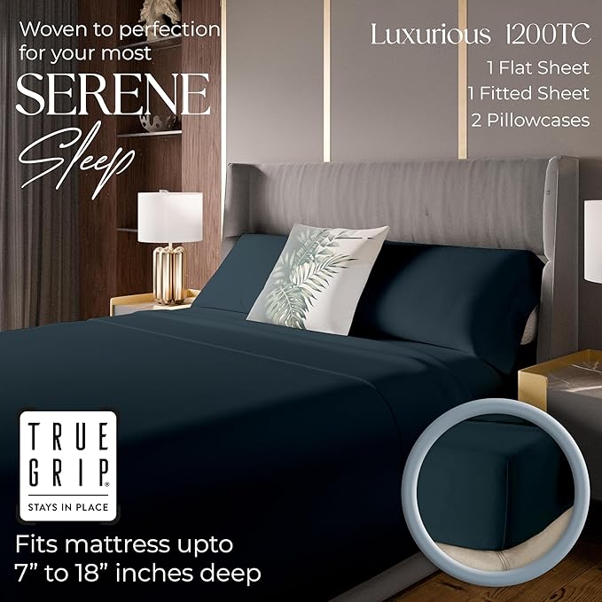 1200 Thread Count Queen Size Sheets Set Dark Blue, Ultra Soft Cotton Rich Easy Care Sateen Sheets, Moisture Wicking Bed Sheet with Deep Pocket (1 Flat, 1 Fitted Sheet & 2 Pillowcases)